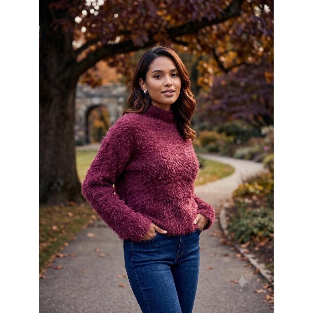 Open Edit Fuzzy Eyelash Wool Blend Mock Neck Sweater Burgundy Large XX7502